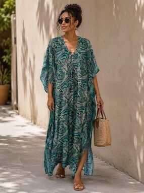 MODA Paisley Kelly Green Long Tunic Lace up Tassles Beach Cover Up Pool Silk NWT